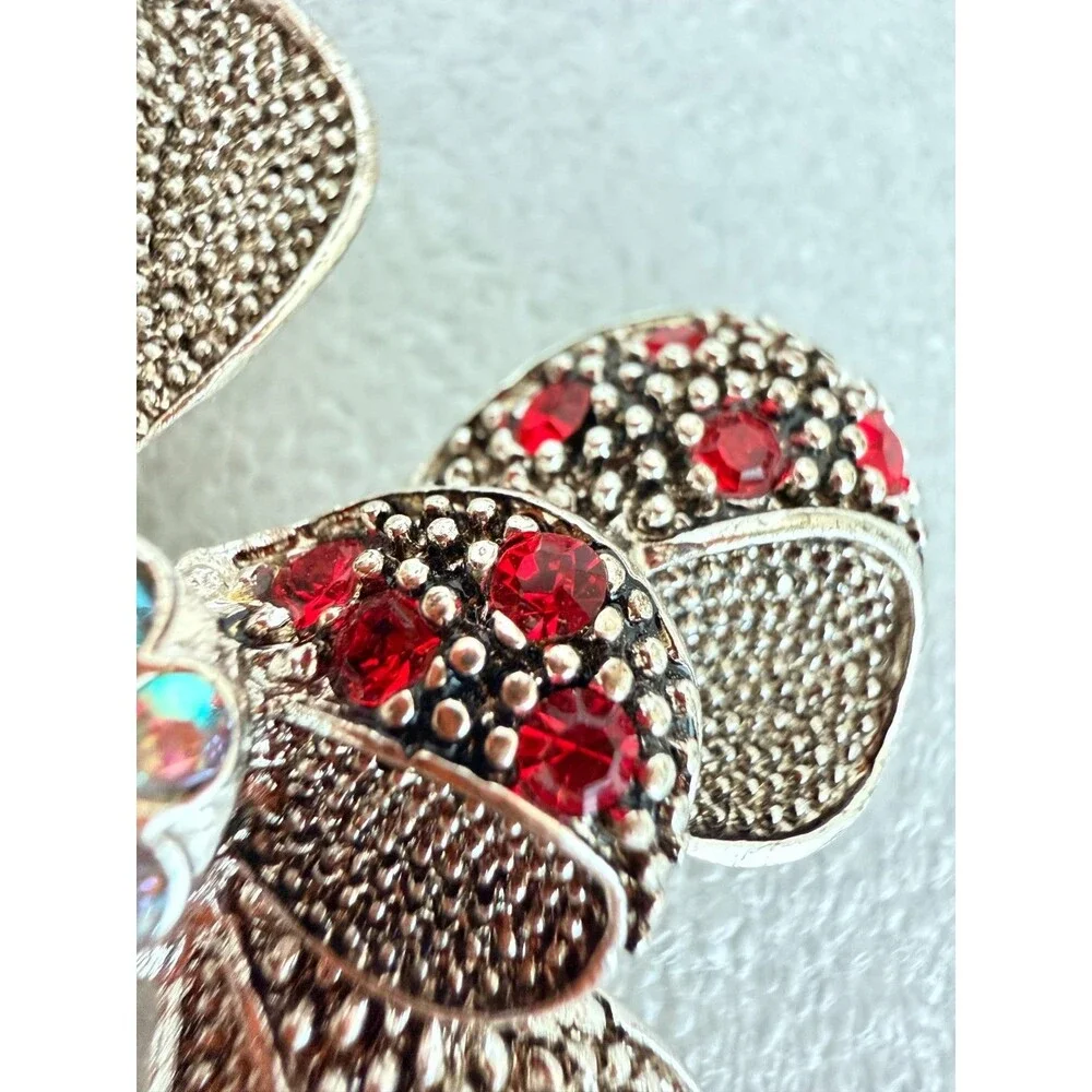 Vintage Silver Tone Textured Flower Brooch Pin Red AB Rhinestone Center